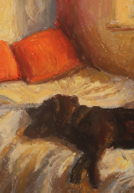 Painting of a dog lying on a bed with orange cushions in a sunlit room.