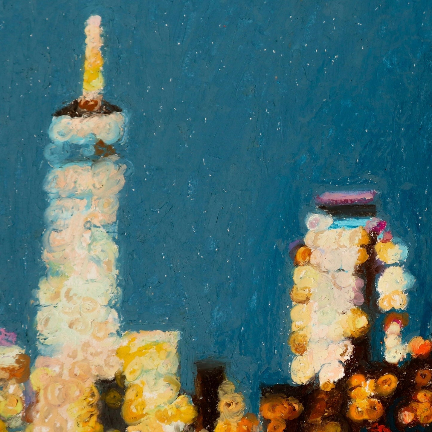 Artistic depiction of a city skyline with illuminated buildings against a dark blue sky.